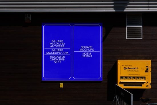 Two blue outdoor advertising mockup panels on a dark wall near a yellow vending machine, ideal for designers to showcase work.